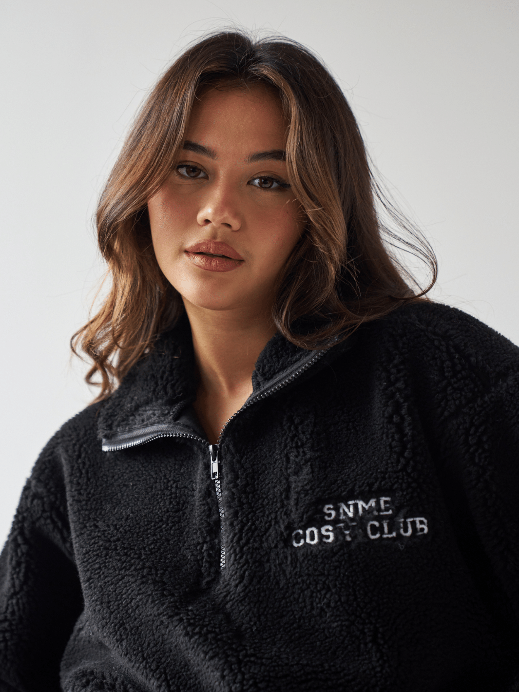 Sian Marie lounge Quarter Zip Cosy Club Teddy Fleece Jacket - Black