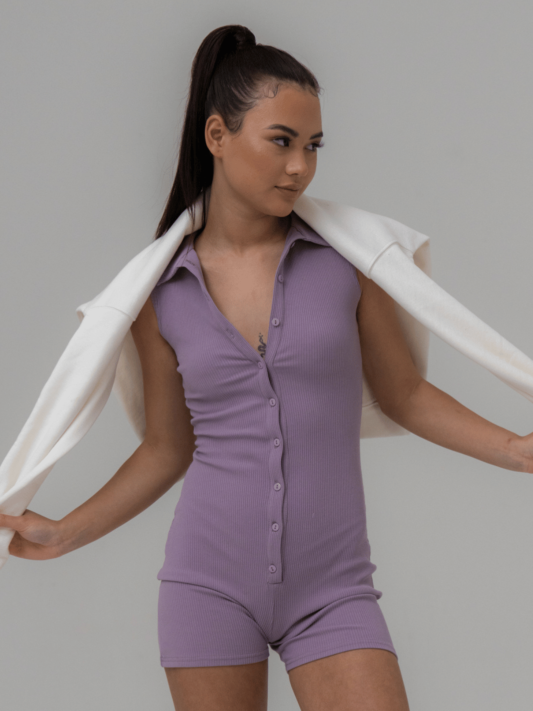SNME The Label lounge Contour Button Up Ribbed Unitard - Lilac