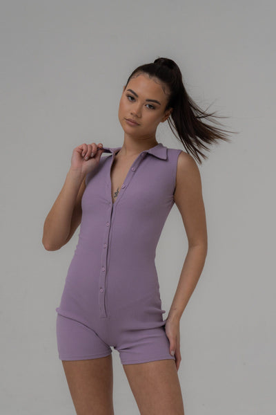 SNME The Label lounge Contour Button Up Ribbed Unitard - Lilac